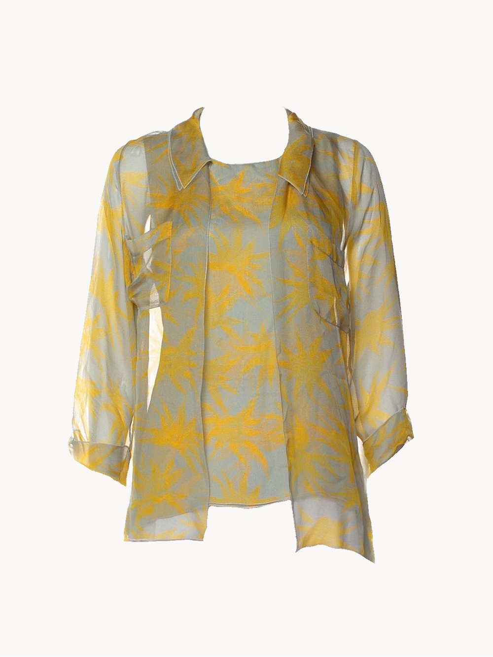 CHANEL Sheer Silk Yellow Floral-Print Tank Blouse Set